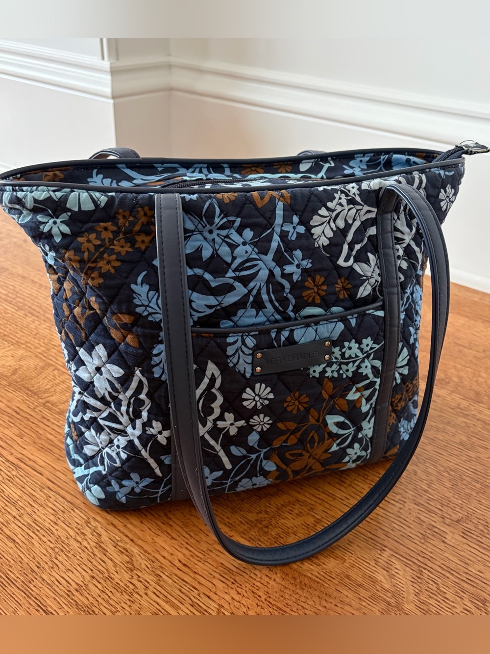 Vera Bradley “Vera Tote” Java Floral Bag Brown Blue Floral Faux Leather Strap